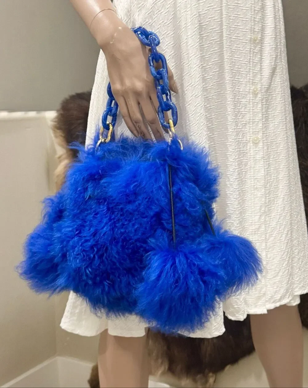 One of a kind! Unique Handmade Blue Real Curly Shearling Drawstring Bucket Bag